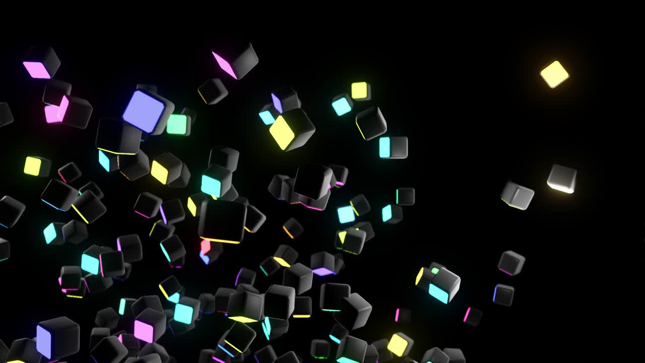 다채로운 네온 조명을 가진 큐브: 큐브에 달리는 추상적인 루프 4k 어두운 bg 빛, 축제 쇼 또는 휴일 이벤트, 전시회, 축제 또는 콘서트, 뮤직 비디오, 나이트 클럽을위한 vj 루프.