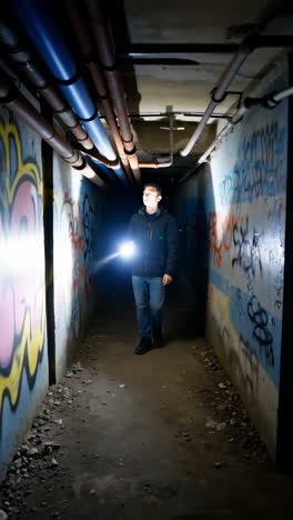 Man exploring a graffiti-filled tunnel with a flashlight
