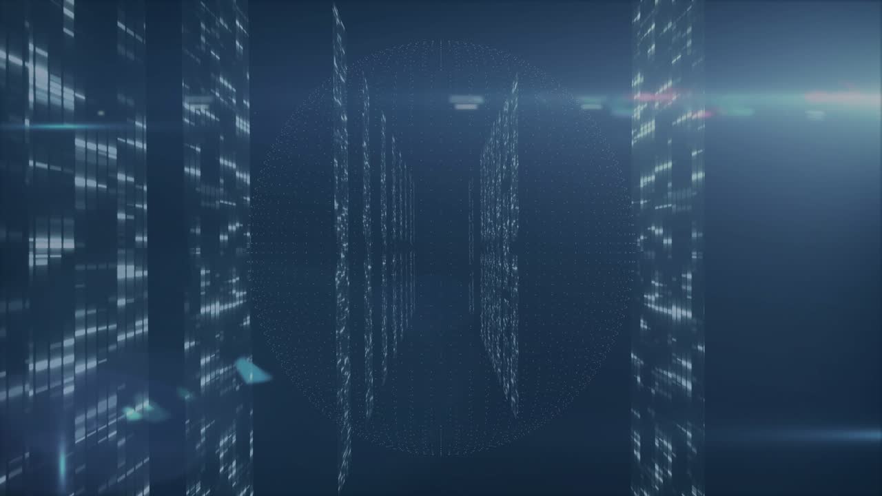 Opening data columns framing space, 3D globe rotating icons emerging connecting visualizing network