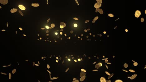 Glowing-gold-coins-falling-away-from-the-camera-view-on-black-background-3d-animation