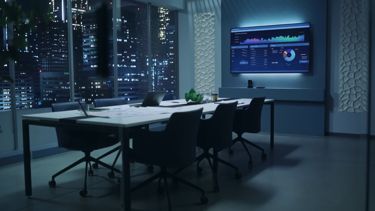 다양한 문서와 노트북이있는 큰 컨퍼런스 테이블이있는 현대적인 빈 회의실, 회사의 성장, 통계, 그래프 및 파이 차트를 보여주는 벽 tv, 늦은 저녁 또는 야간 도시.