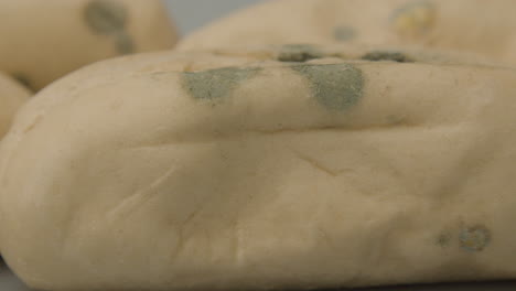 close pan past mold infested bread against a white background