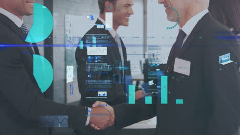 animación del procesamiento de datos financieros sobre diversas personas de negocios que se dan la mano