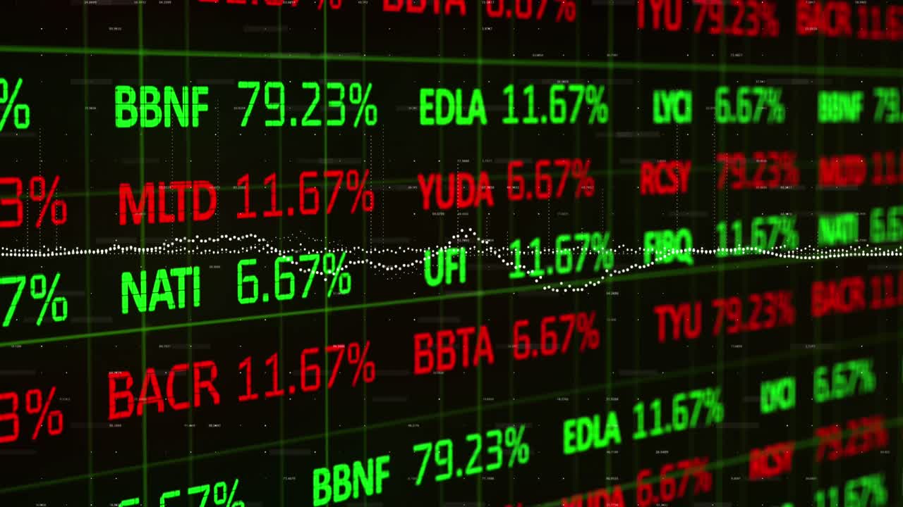 Animazione di elaborazione di dati finanziari e statistiche su sfondo nero