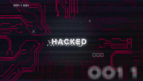 Hacked text animation over circuit board design with binary code