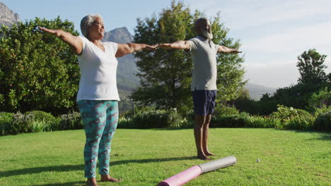 african american senior couple practicing yoga together while standing in the garden