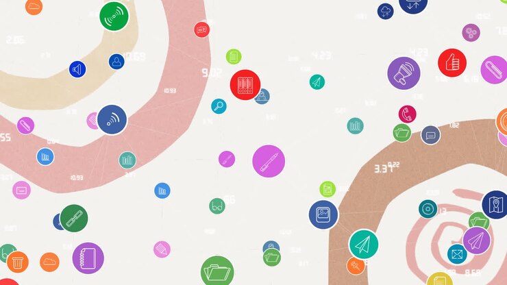 Animation of network of media icons on colourful background
