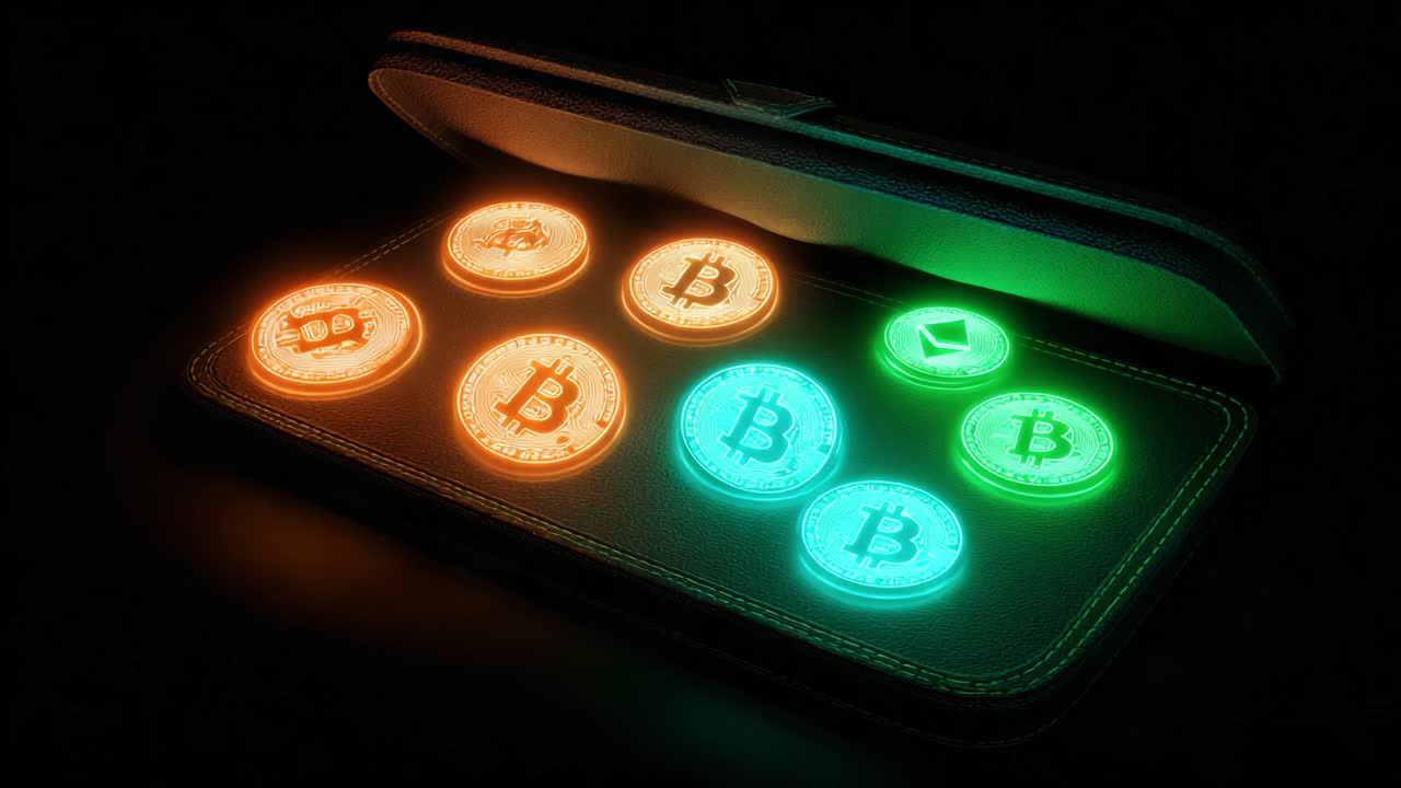 A Glowing Cryptocurrency Wallet Displaying Various Digital Coins in Vibrant Colors: Illustrating the Evolution and Appeal of Blockchain Technology in Financial Transactions