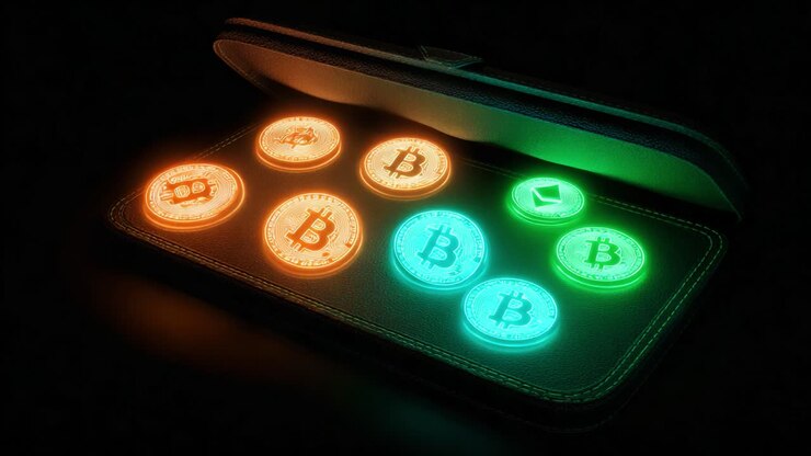 Un portafoglio di criptovalute luminoso che mostra varie monete digitali dai colori vivaci: un'immagine che illustra l'evoluzione e l'attrattiva della tecnologia blockchain nelle transazioni finanziarie