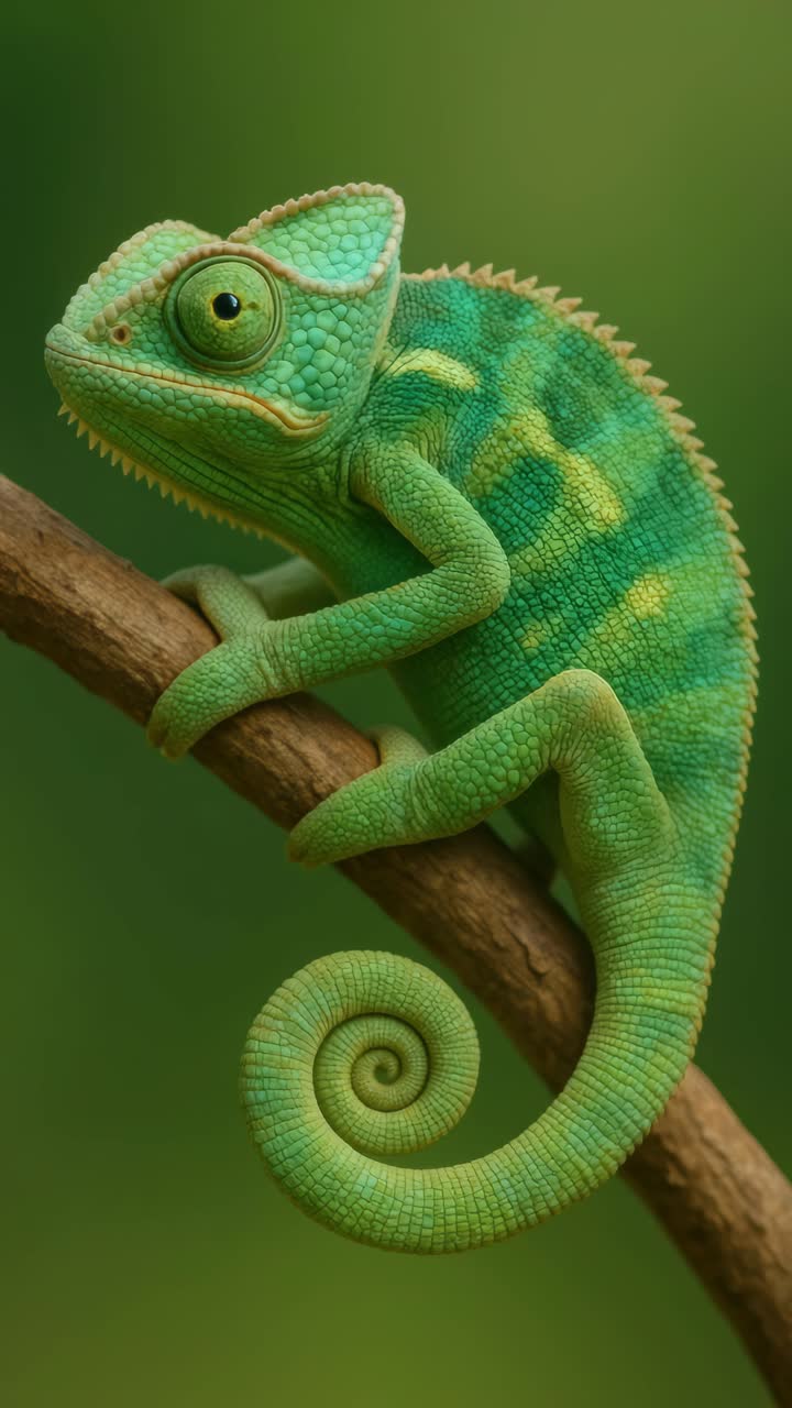 Video ravvicinato di un camaleonte verde brillante su un ramo che mette in mostra la sua pelle ruvida