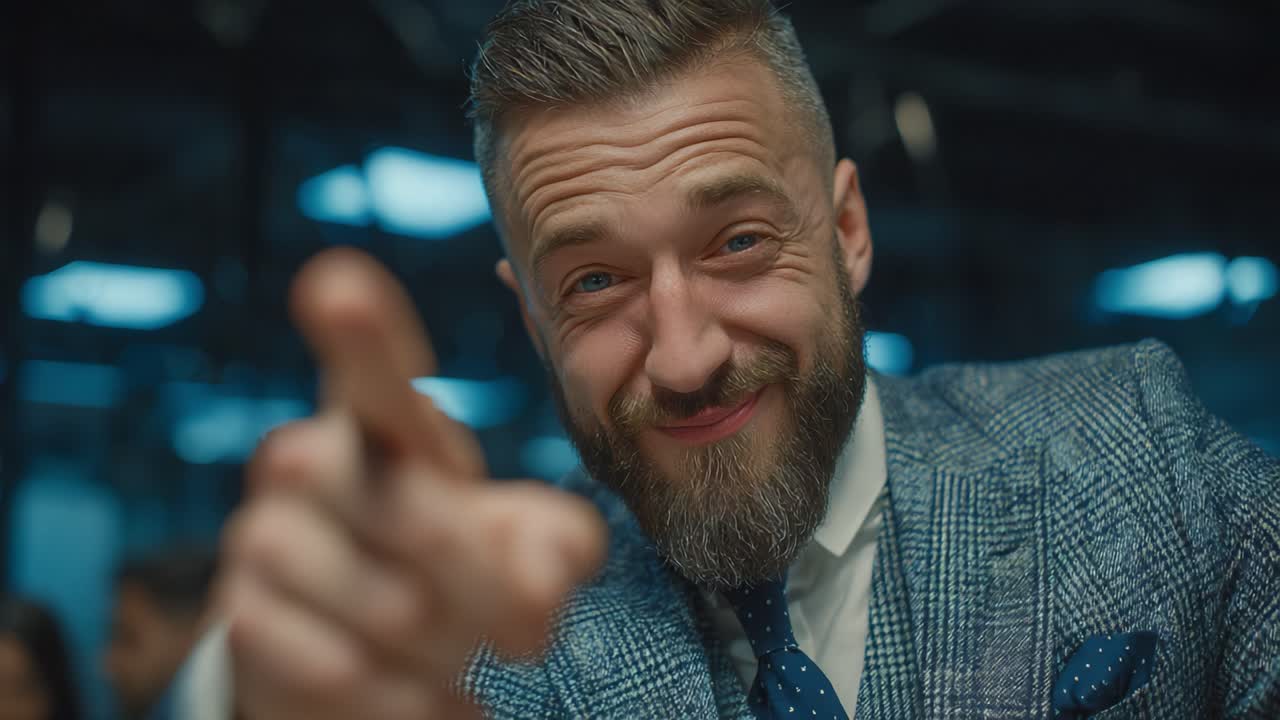 A Dapper Gentleman with a Playful Smile and Charismatic Gesture Capturing Joyful Moments in a Modern Setting