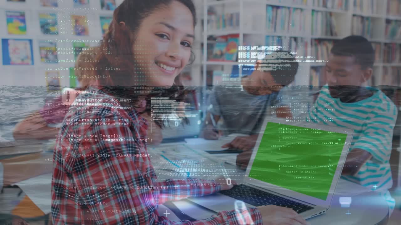 Data processing over portrait of girl using laptop with copy space at college