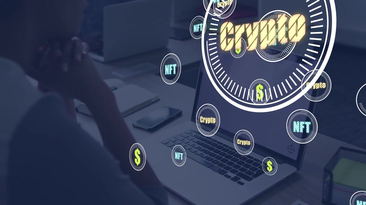 Man at desk reflecting, crypto HUD emerging, moving across laptop, phone, face, visualizing market