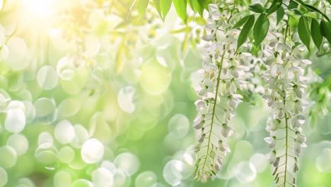 White Wisteria Blossoms with Green Bokeh Background in Sunlight