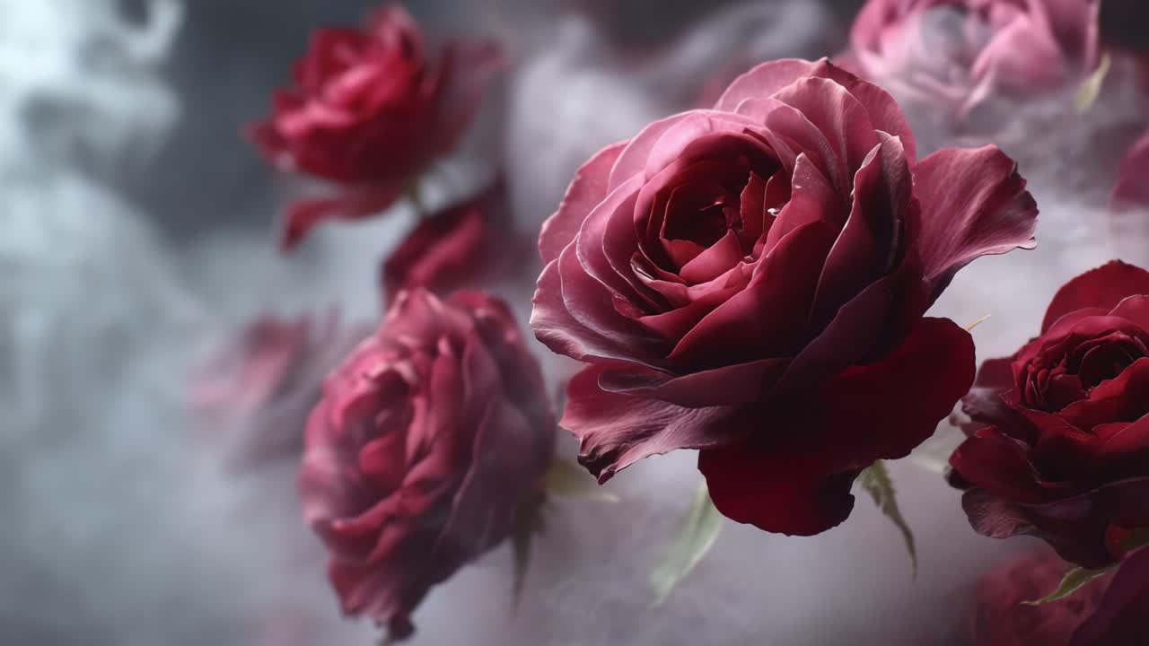 Une magnifique présentation de roses rouge profond au milieu d'une douce fumée éthérée : la beauté captivante des plus belles fleurs de la nature dans une composition artistique