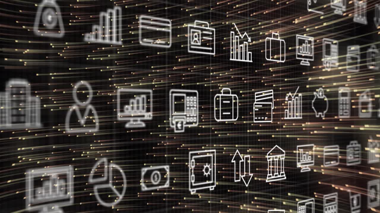 On play starting floating white finance icon grid shifting, focusing, blurring, showing data flow
