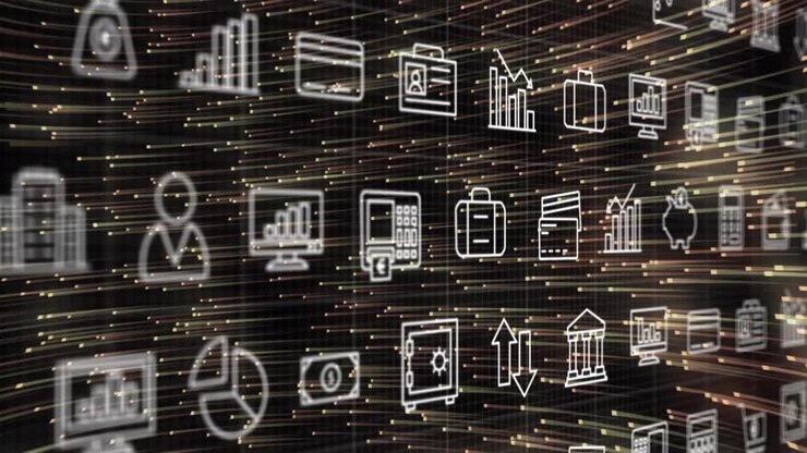 On play starting floating white finance icon grid shifting, focusing, blurring, showing data flow