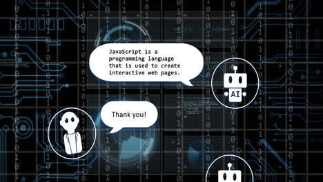 Animation-of-ai-text,-icons-and-data-processing-over-circuit-board