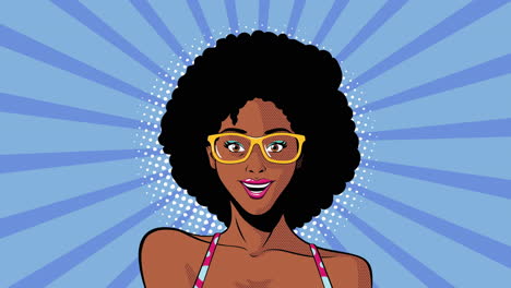 smiling woman with curly hair and glasses in pop art style