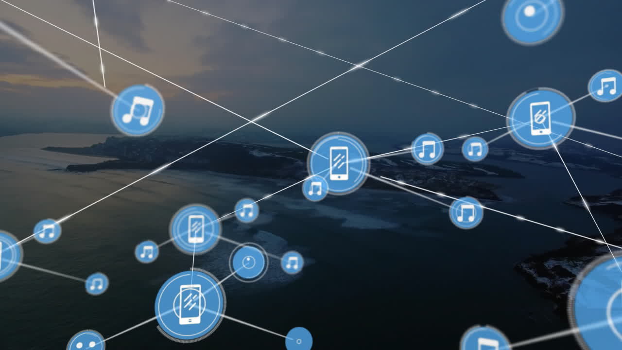 conectando música e iconos de teléfonos inteligentes, animación de red digital sobre el paisaje costero