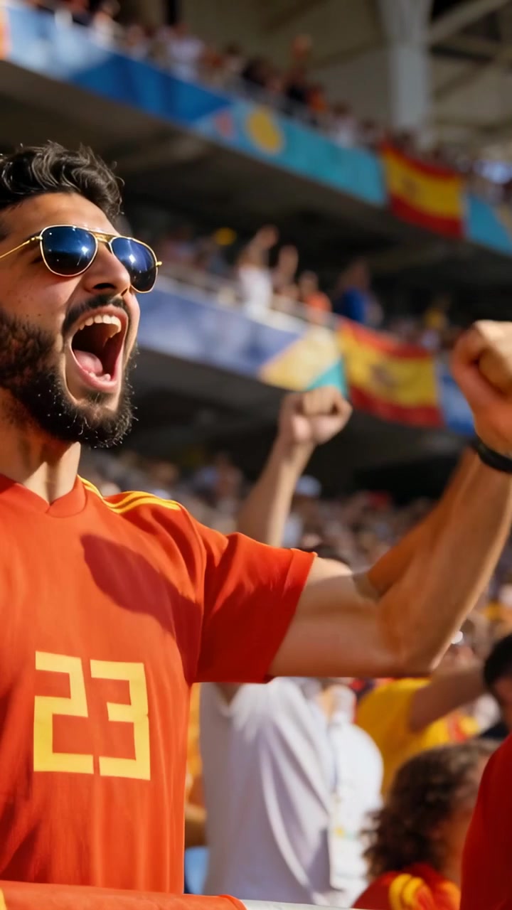 Video vertical: Después de un gol, hombre con la camiseta roja número 23 gritando y levantando el puño en las gradas con banderas, espacio para texto.
