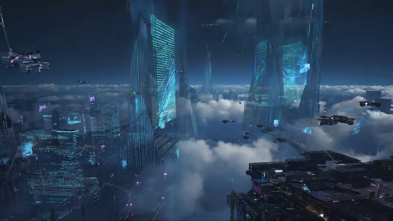 Futuristic City Above the Clouds with Flying Vehicles