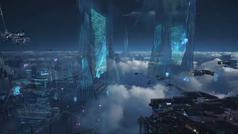 futuristic city above the clouds with flying vehicles