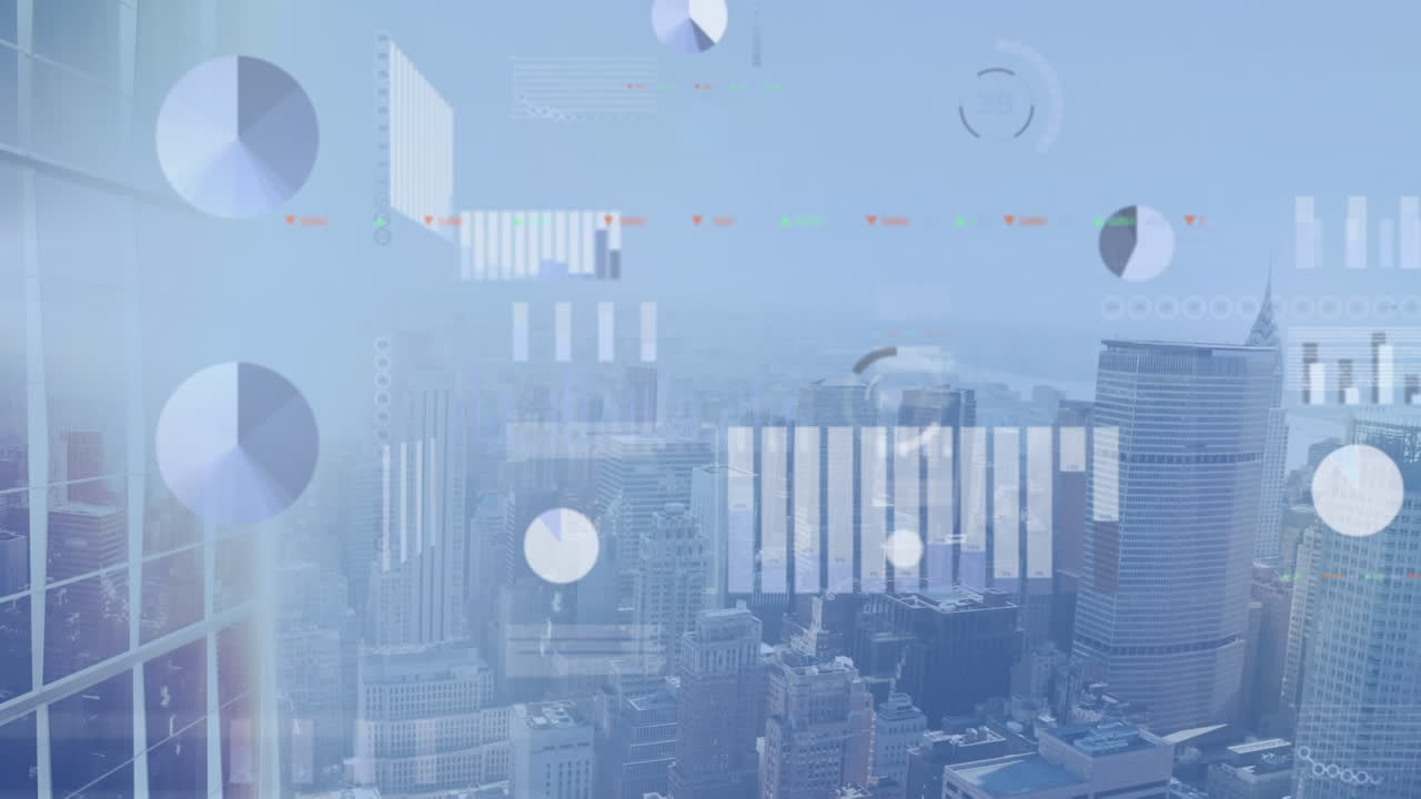 Animation of data processing against aerial view of cityscape