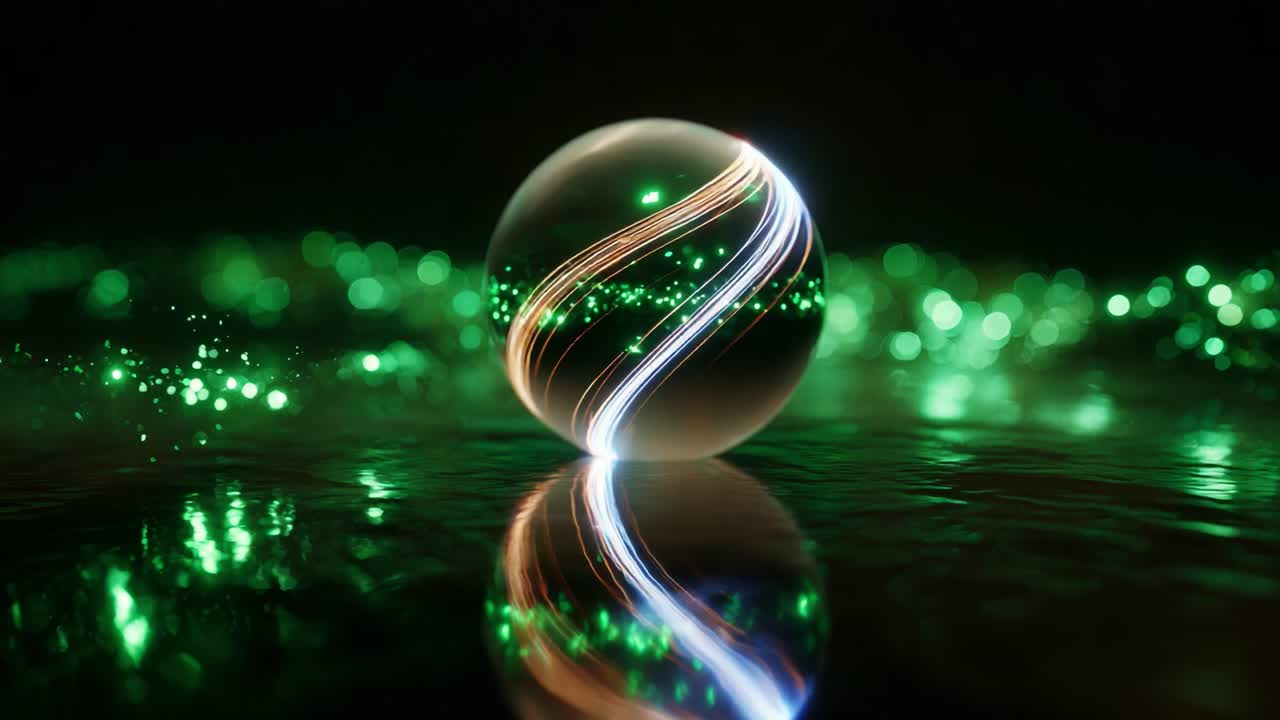 A mesmerizing green glass sphere reflects intricate light patterns and shimmering sparkles in a darkened environment, creating a stunning visual experience filled with energy and depth
