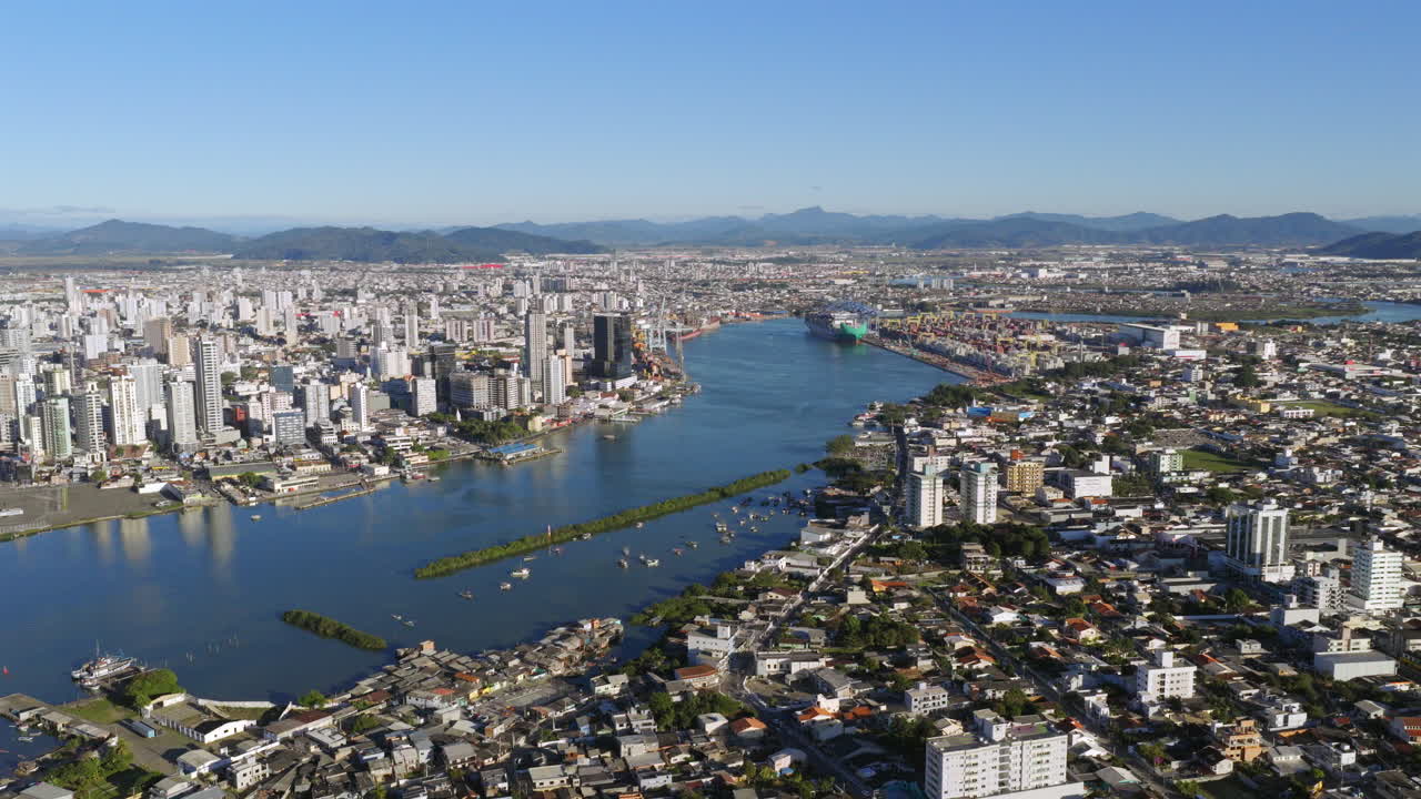 Aerial view of the port city of Itajaí with modern skyline, harbor, and Itajaí-Açu River, Santa Catarina, Brazil