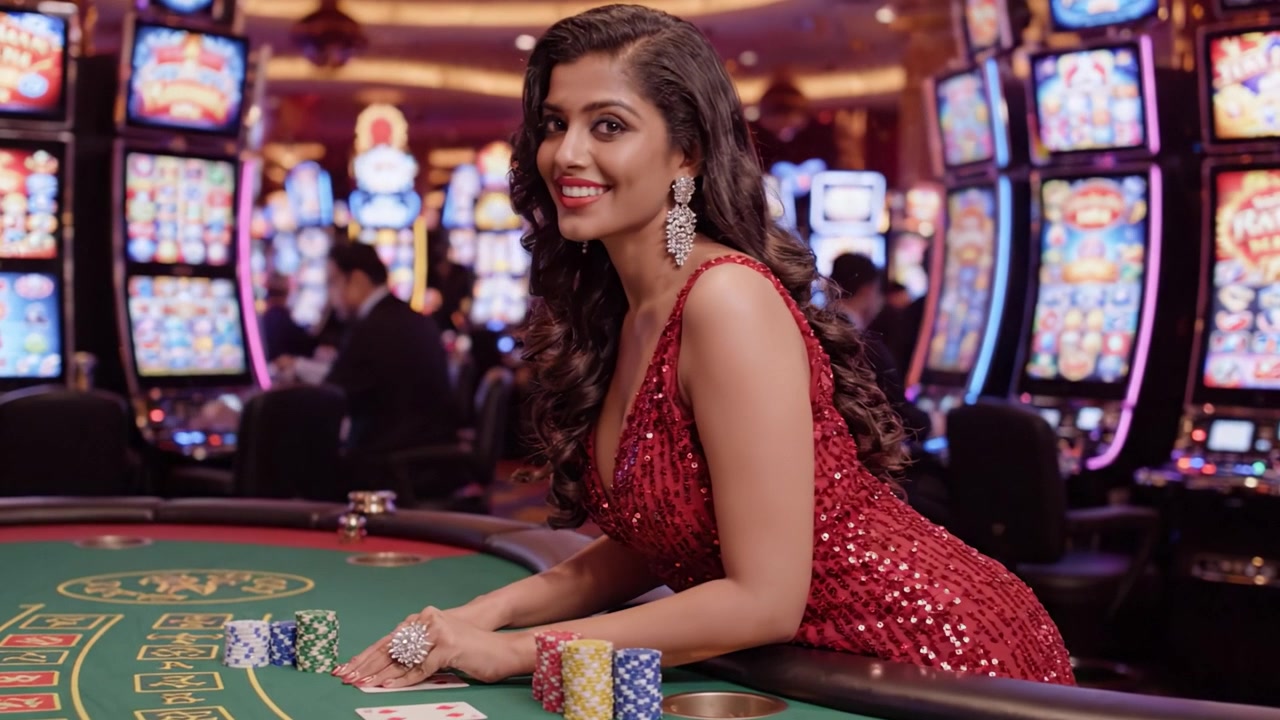 Un giocatore di casinò sicuro di sé, in uno splendido abito rosso di paillettes, si gode l'emozione del gioco d'azzardo in un'atmosfera di casinò vibrante e coinvolgente.