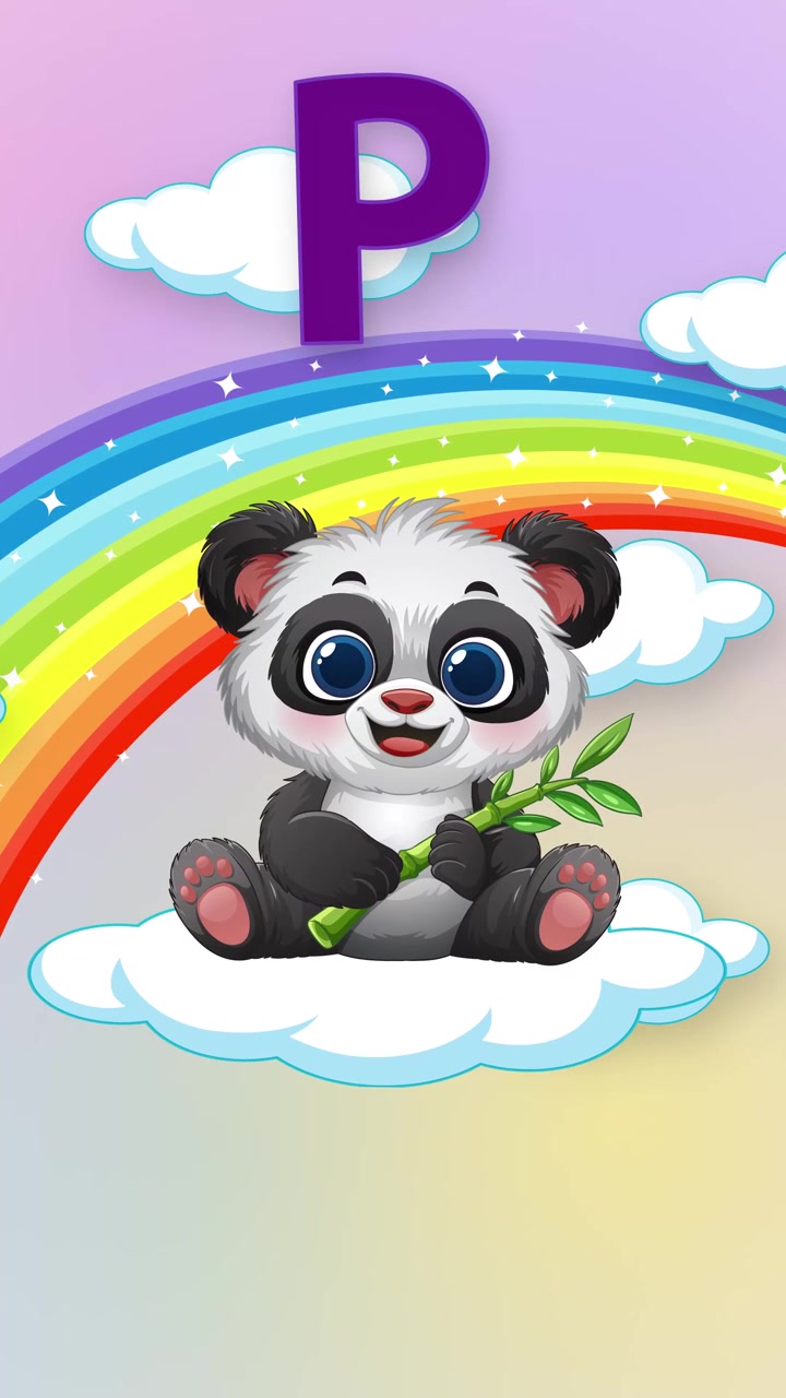 Animazione verticale per bambini che insegna la lettera P usando un panda cartone animato su un arcobaleno