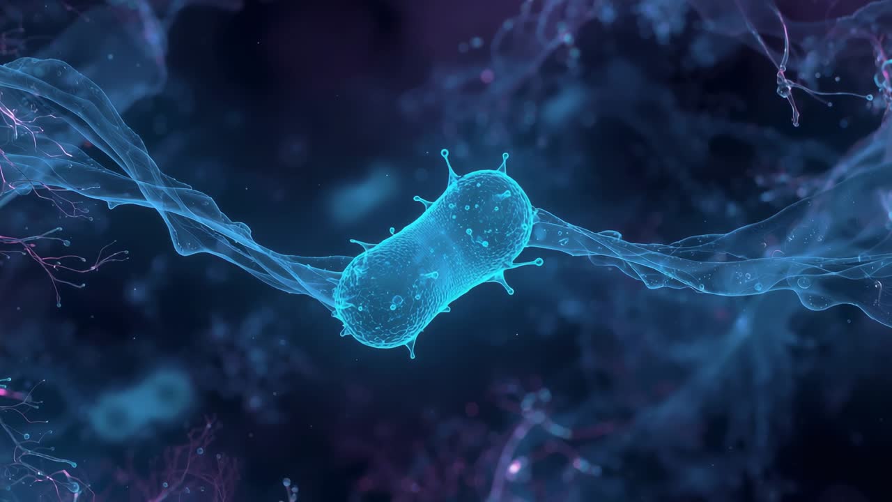 Drifting capsule microbe rotating along wavy ribbon in microscopic matrix, after ribbon shift