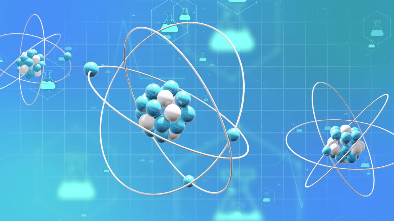 Animation of 3d micro of molecules and chemistry icons on blue background