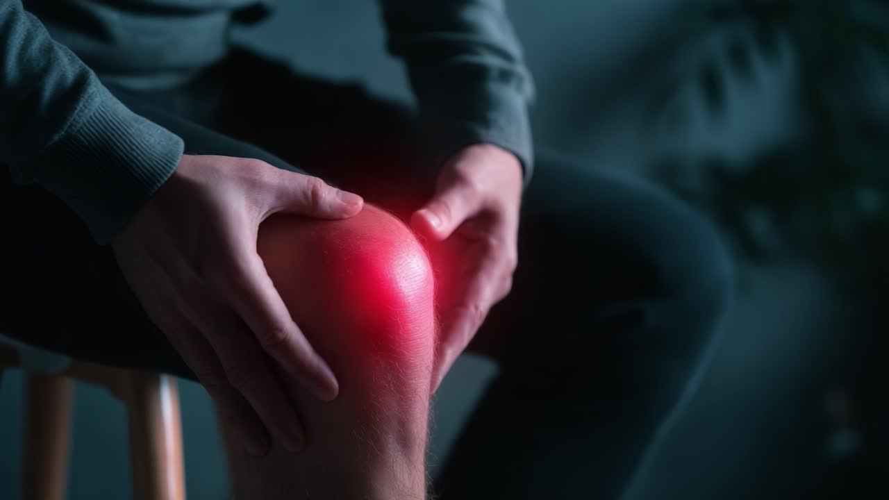 A close-up view of a person experiencing discomfort while holding their knee, highlighting the sensations of pain and discomfort with a glowing red area indicating the source of the issue