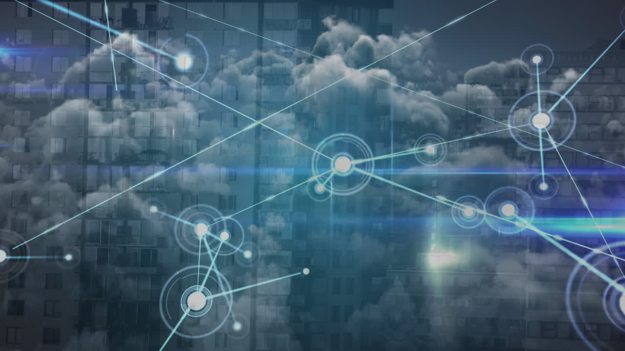 animación de la red de conexiones sobre edificios modernos y nubes