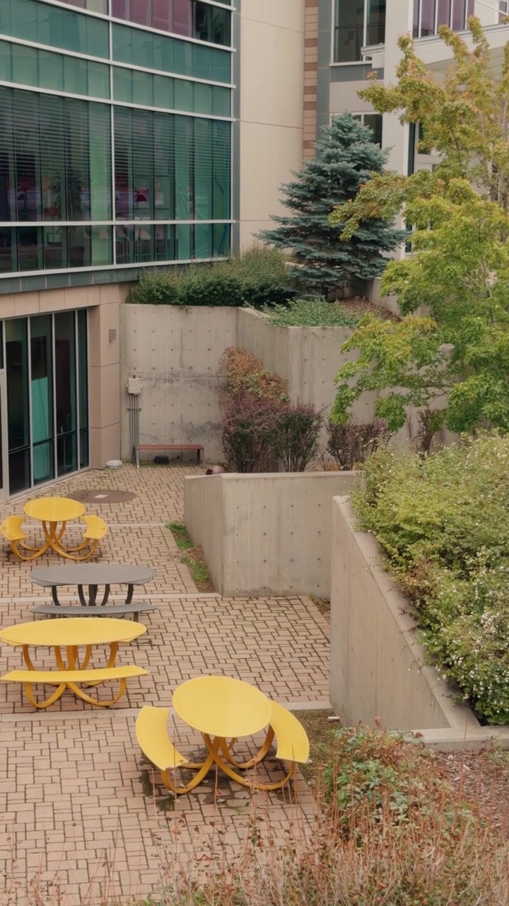 Una panoramica dall'alto verso il basso da destra a sinistra rivela un cortile pavimentato con tavoli da picnic gialli