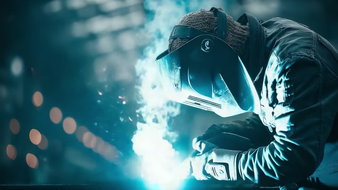 Dynamic Welding Process: A Craftsman in Action Creating Sparks and Flames While Joining Metals with Precision and Expertise in a Workshop Environment
