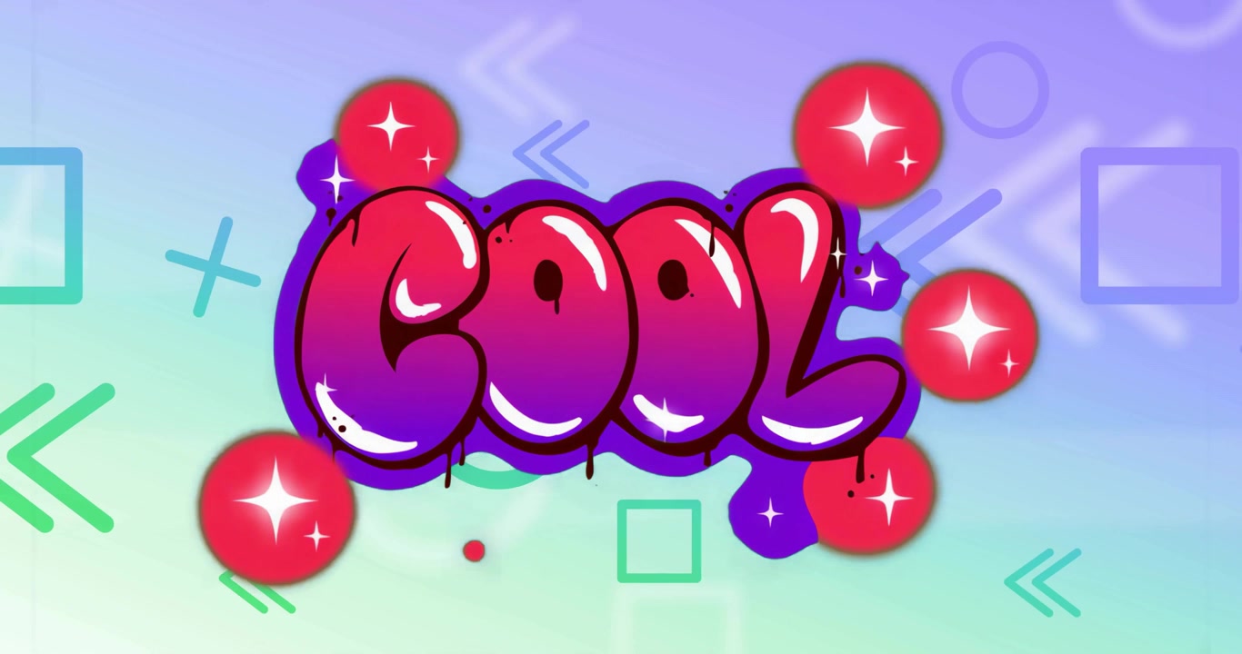 Alussa staattinen graffitityylinen COOL-teksti, punaisia kimaltelevia palloja kiertämässä, liukuvia muotoja, animoitua taidetta.