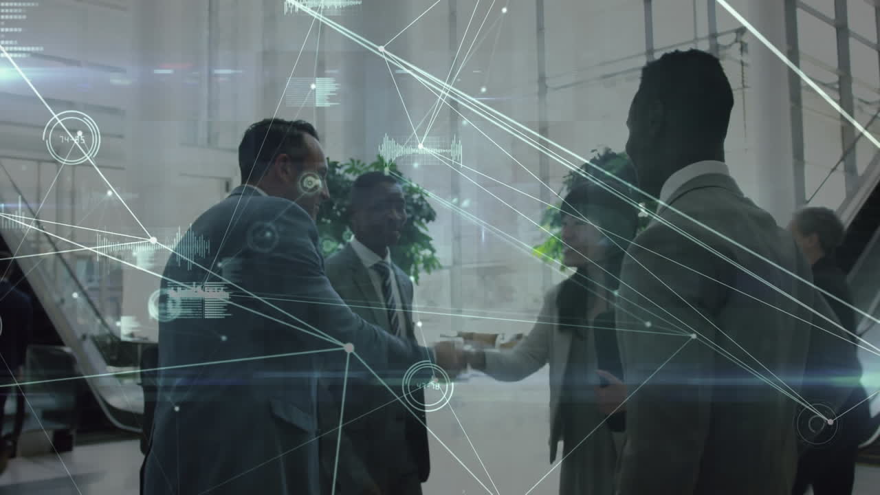 Animation of network of connection over business people in the office