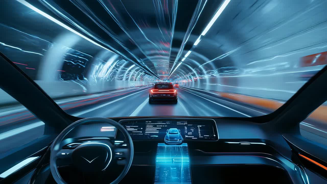Autonomous Electric Car Driving Through a Tunnel at Night