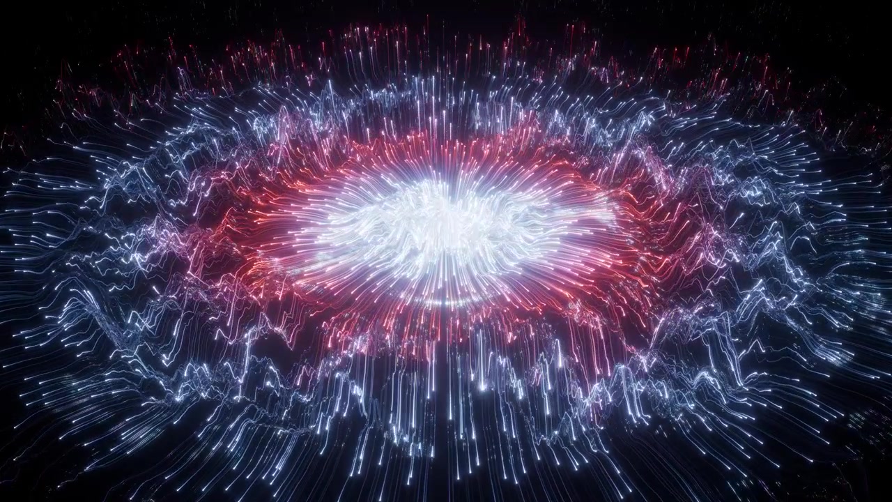Flusso di energia digitale astratto con particelle luminose e scie di luce