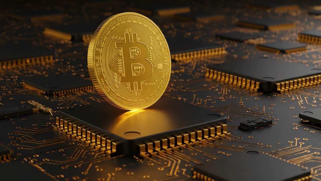 Exploring the Intricate Connection Between Cryptocurrency and Technology: A Close-Up of a Bitcoin Coin Resting on a Circuit Board Loaded with Microchips