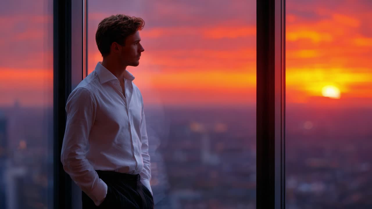 Reflection and Serenity: A Young Man Contemplating Life Against a Stunning Sunset Over the City Skyline from a High-Rise Window