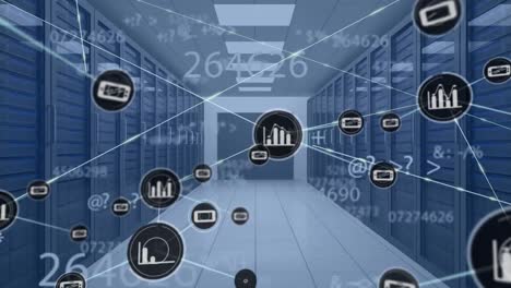 animación de redes de conexiones y procesamiento de datos a través de la sala de servidores