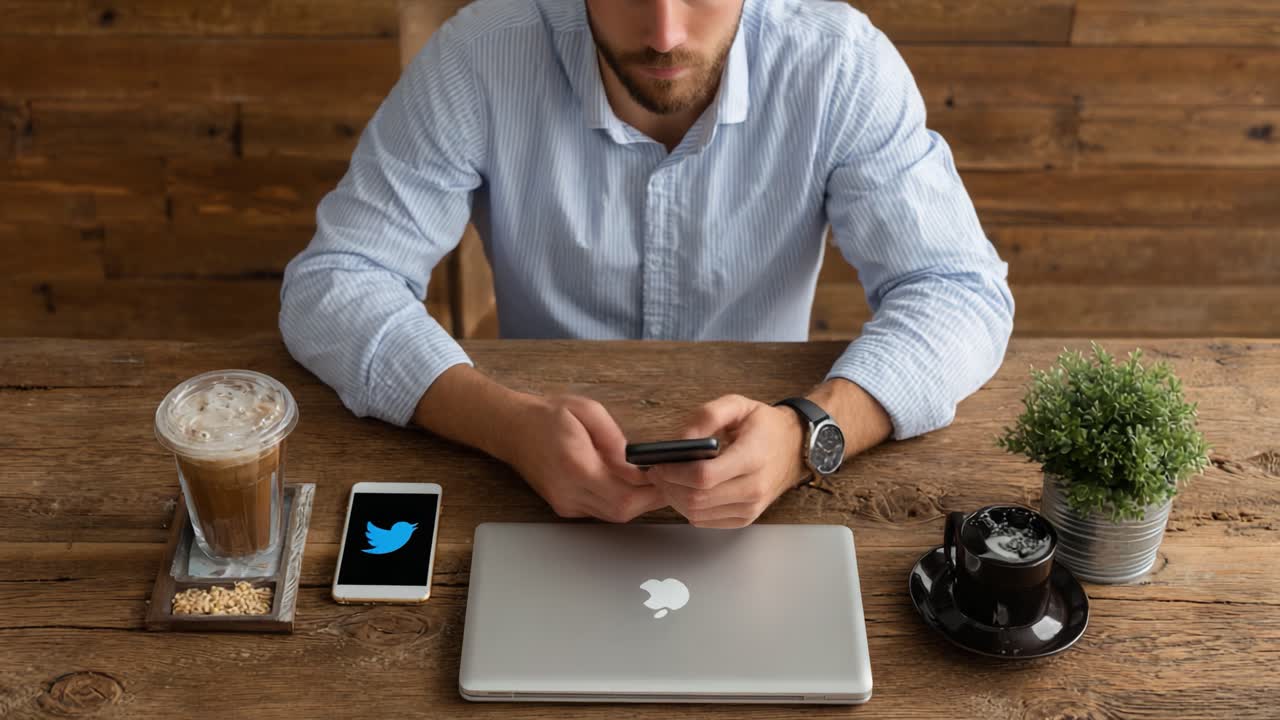 Focused Communication: A Young Man Engaged in Social Media Interaction Using His Smartphone while Surrounded by Coffee and Laptops in a Cozy Workspace