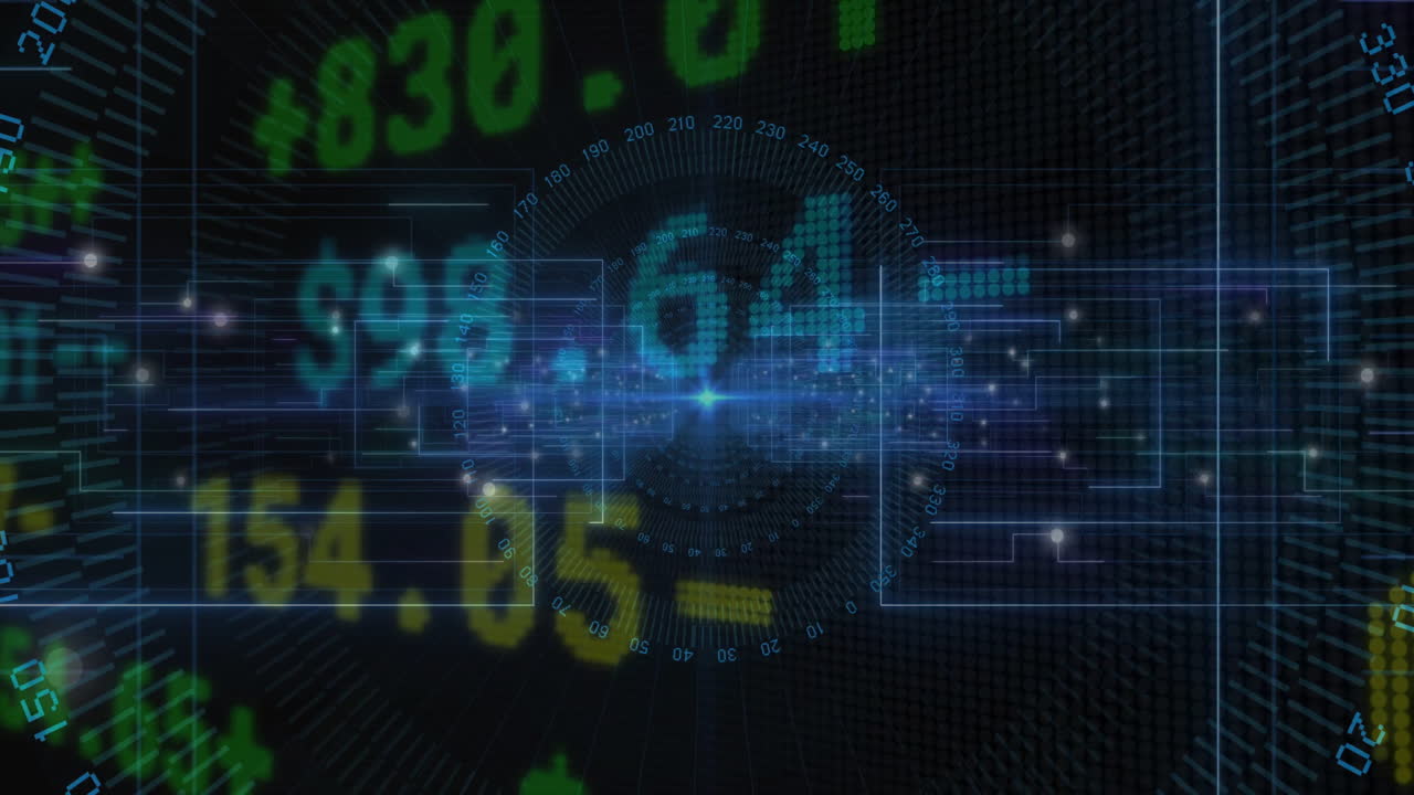 Animation of digital data overlaying futuristic financial technology interface in school