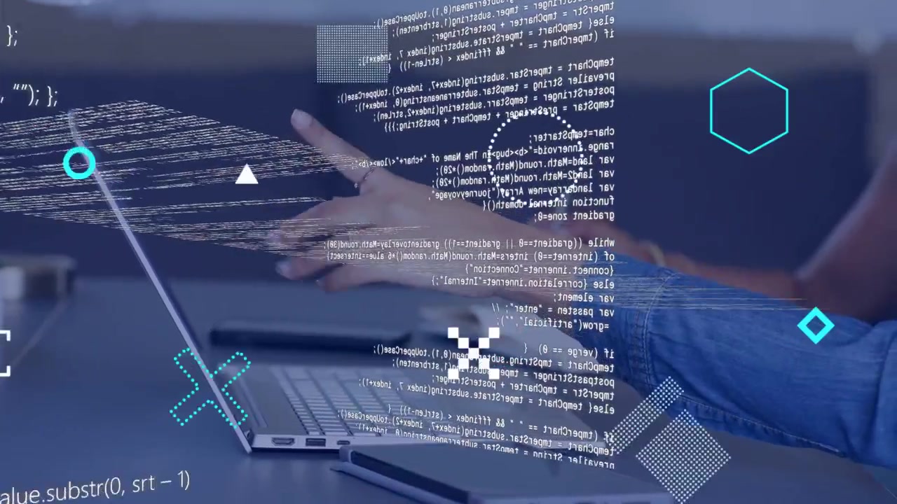 Woman hovering toward laptop, tapping and pointing, showing glitching code panels for tech review