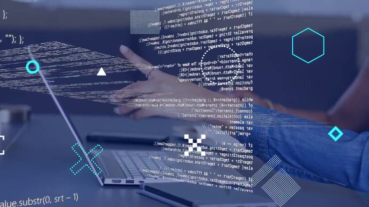 Woman hovering toward laptop, tapping and pointing, showing glitching code panels for tech review