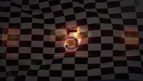 animation of glowing burning number five over waving black and white racing flag